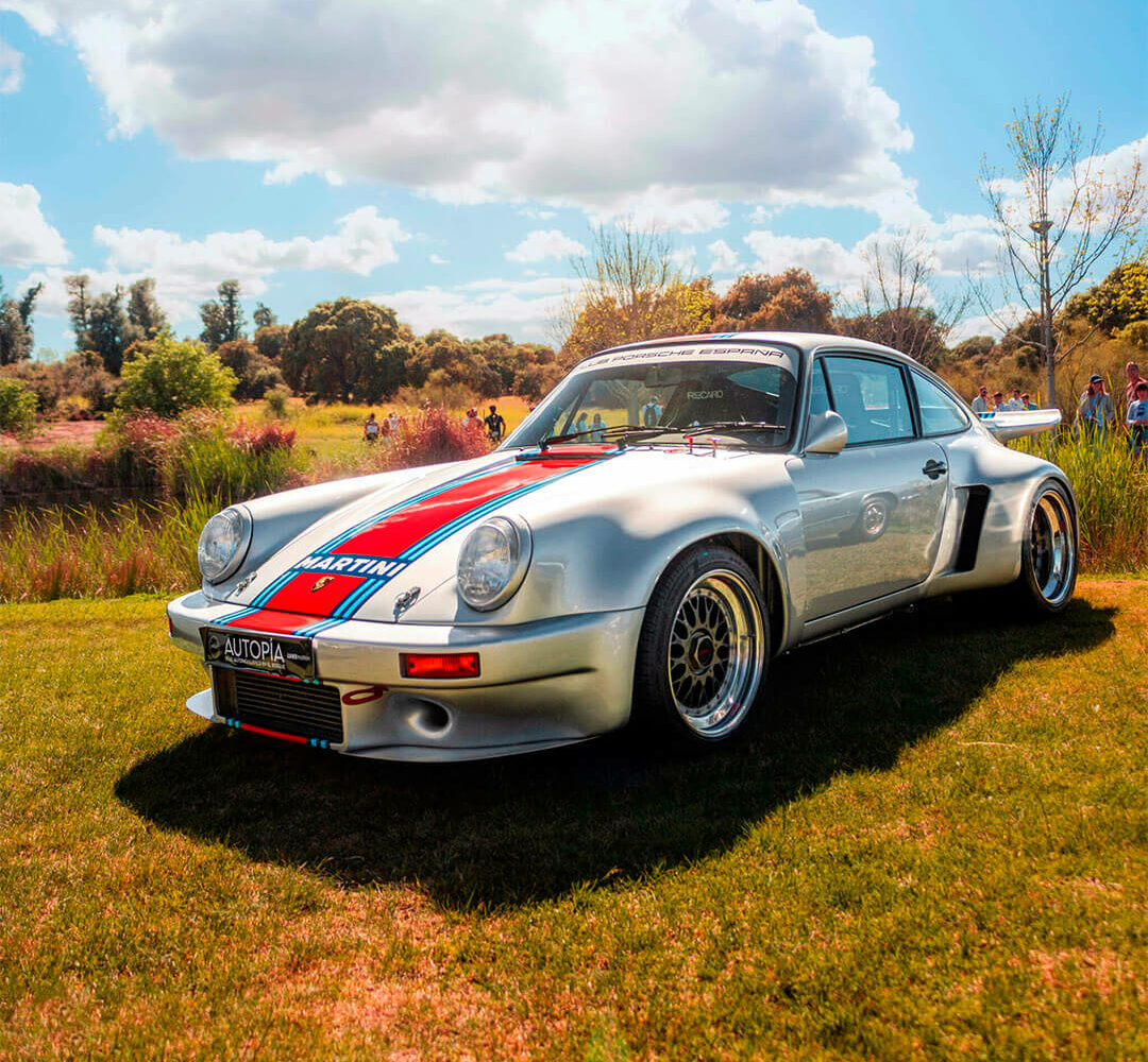 Autopía 2 Madrid. Porsche 911 RSR gris metalizado con vinilos. Un coche clásico alemán en una pradera cerca de un pequeño lago